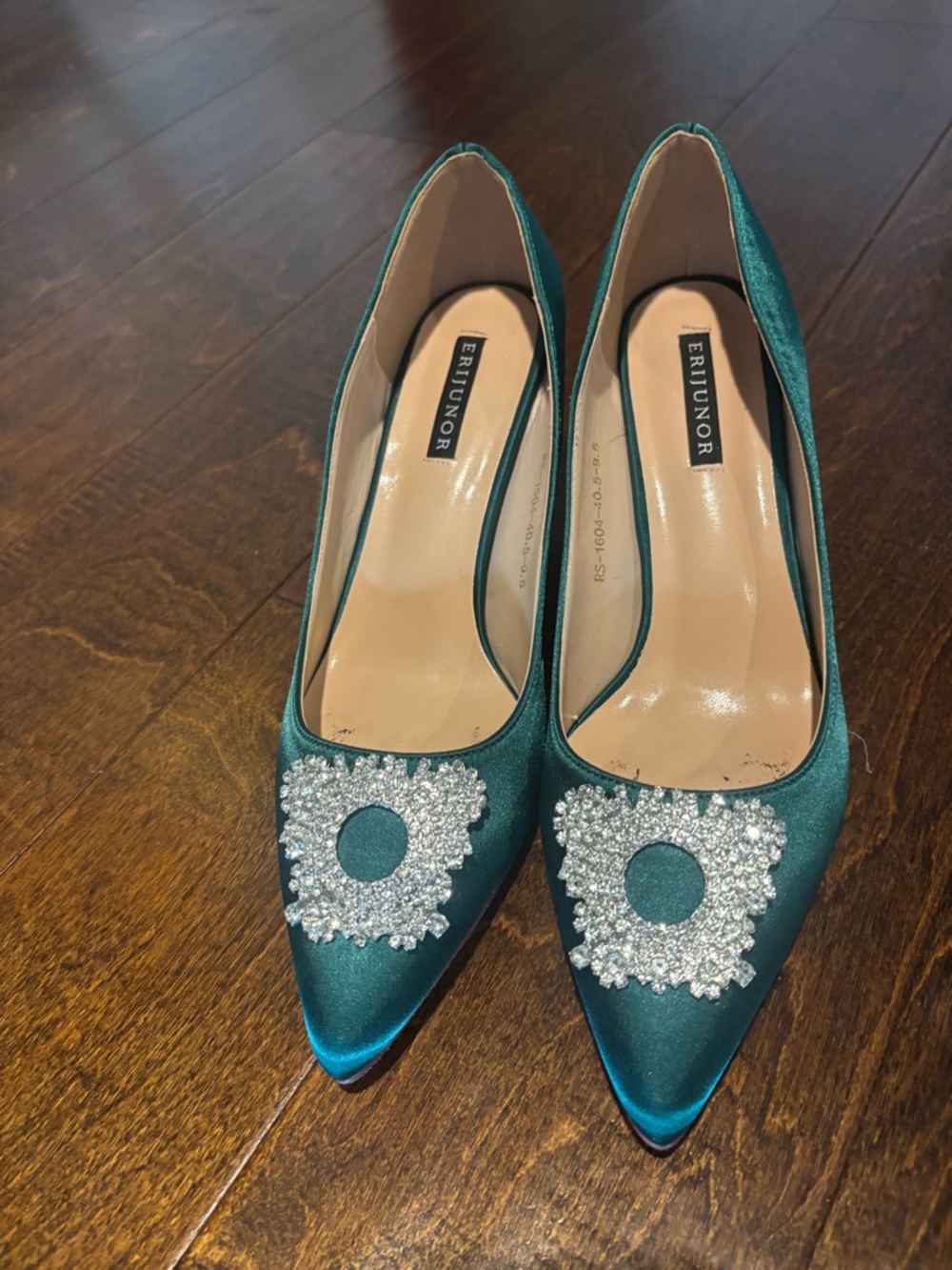 Teal Satin Pointed-Toe Pumps with Crystal Accent